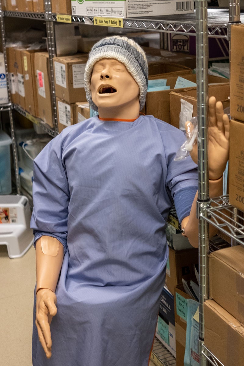 Hal manikin sits a storage room wearing a gown and hat.