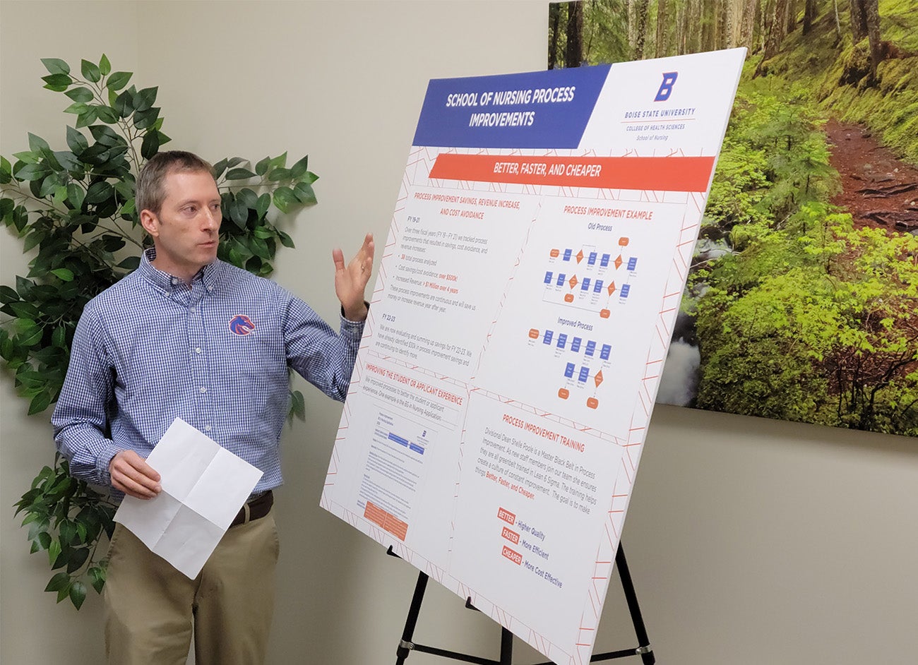 A man points to a research poster entitled "School of Nursing Process Improvements"