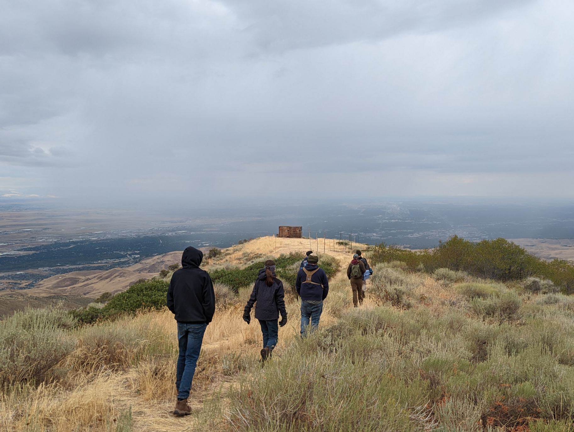 four people walk down a trail through sagebrush and grass, toward the small wooden hawk blind. Boise can be seen in the backdrop in the valley below
