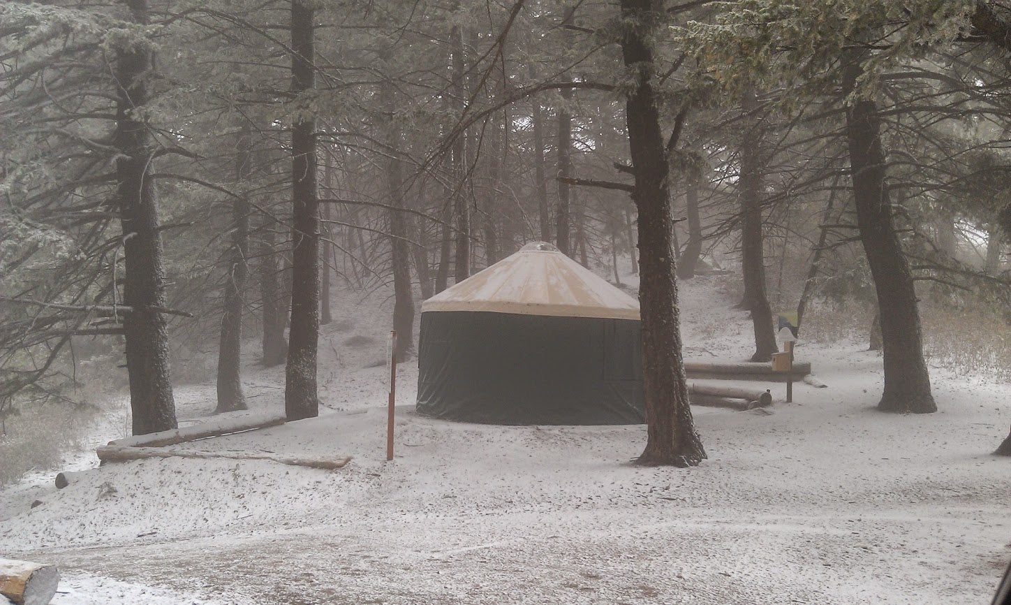 A view of the main Lucky Peak camp: a green yurt with a beige roof in the forest blanketed in a dusting of snow