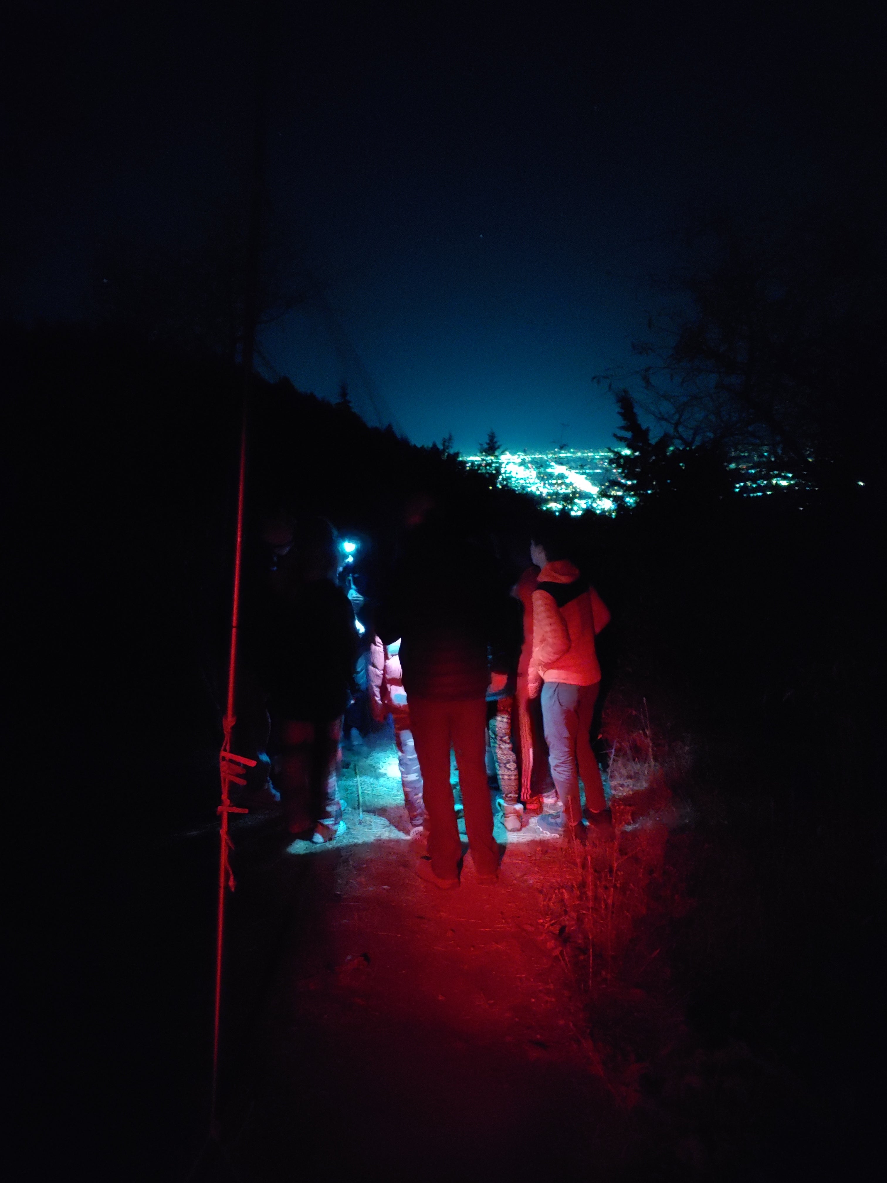 people in jackets near a net at night with biologists in headlamps outside. the city lights of boise glow behind them