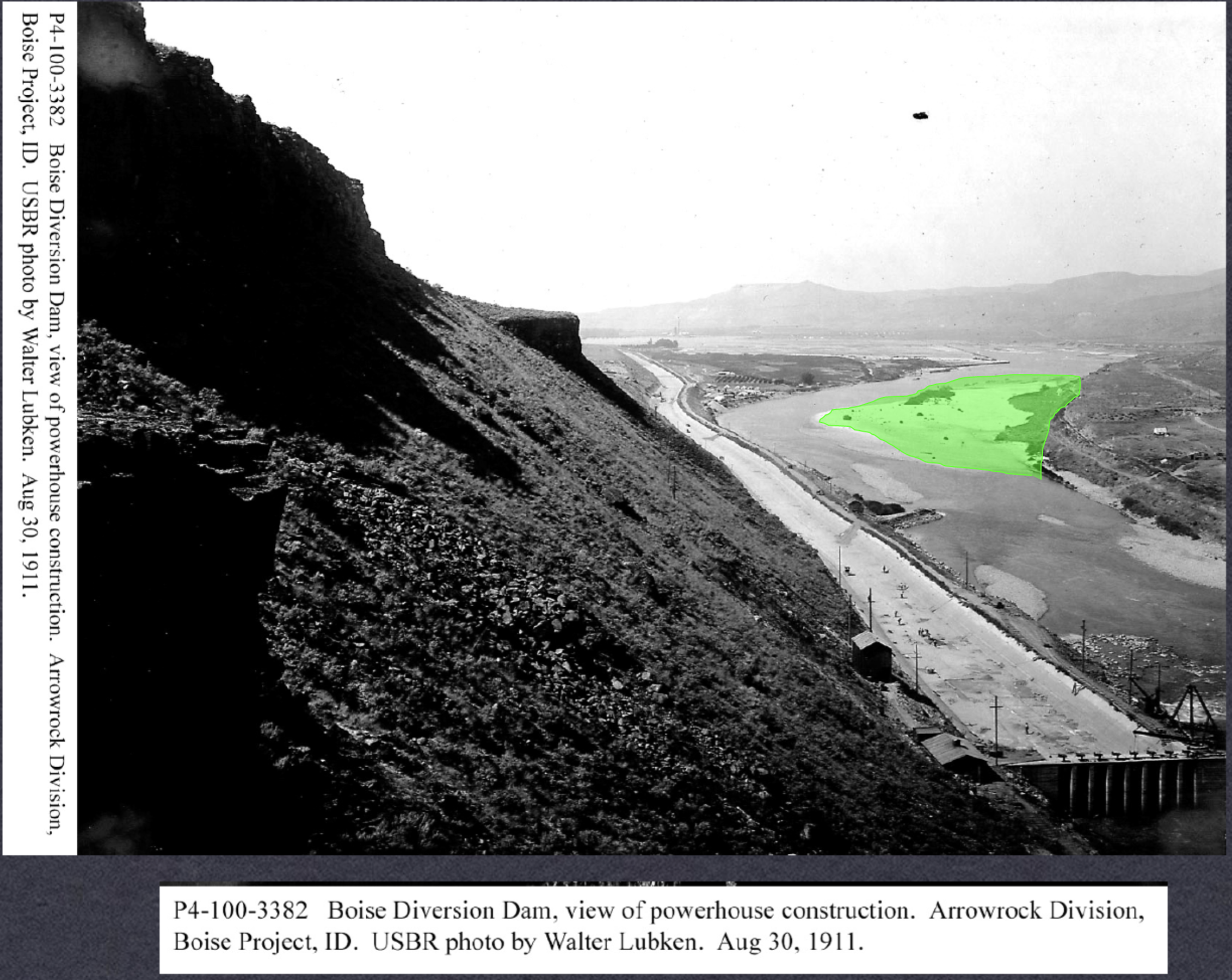 historical image taken from near the black cliffs, looking downstream toward Barber Pool.