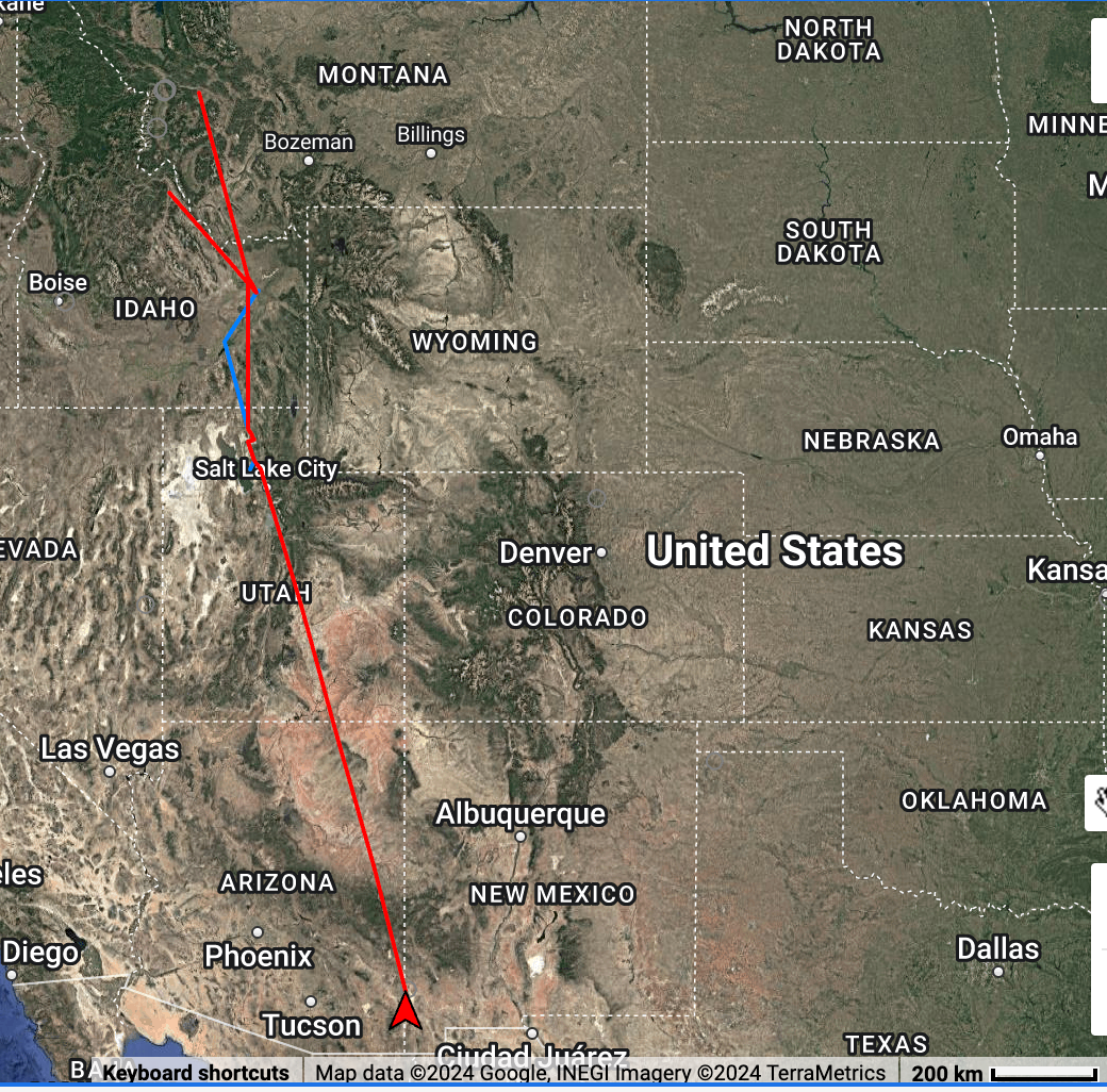 A screenshot of a map showing the interior west, with red and blue lines originating at Camas National Wildlife Refuge in southeast Idaho. One red line goes from the refuge to Salmon, Idaho. Another goes from the refuge to just southeast of Missoula, Montana. A blue line goes southwest of the refuge to a point just west of Pocatello, Idaho, then goes down to a few points around the Great Salt Lake in Utah. Another red line goes from the refuge to some of the same points around the Great Salt Lake, then goes down to southwest New Mexico, just east of the Arizona border.