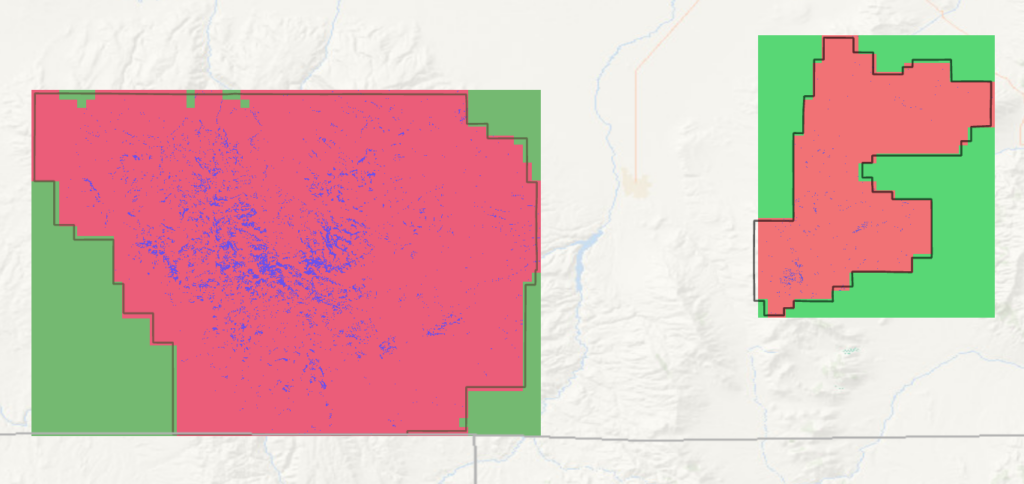 a map figure shows two large red polygon shapes indicating the South Hills and Albion mountains. Within the shapes are thin blue specks, streaks, and clumps that depict the predicted location of lodgepole pine.