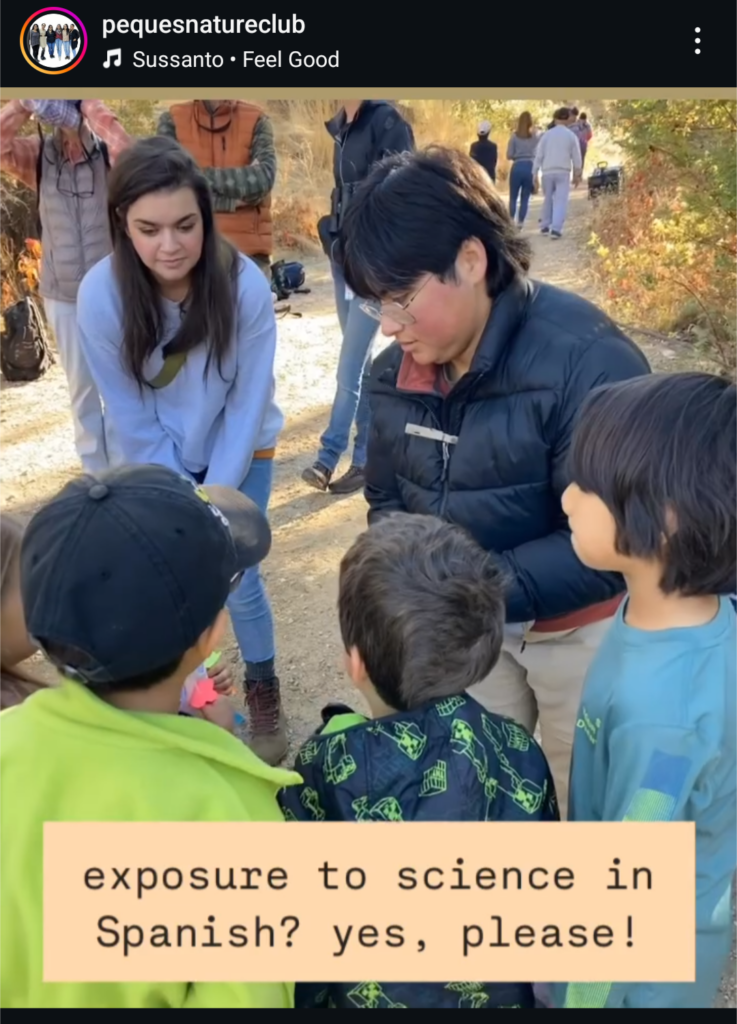 a screenshot of an instagram post by the Peques Nature Club. The photo shows IBO's scientist, Chan, showing a bird to a group of children. The caption says "Exposure to science in Spanish? yes, please!"