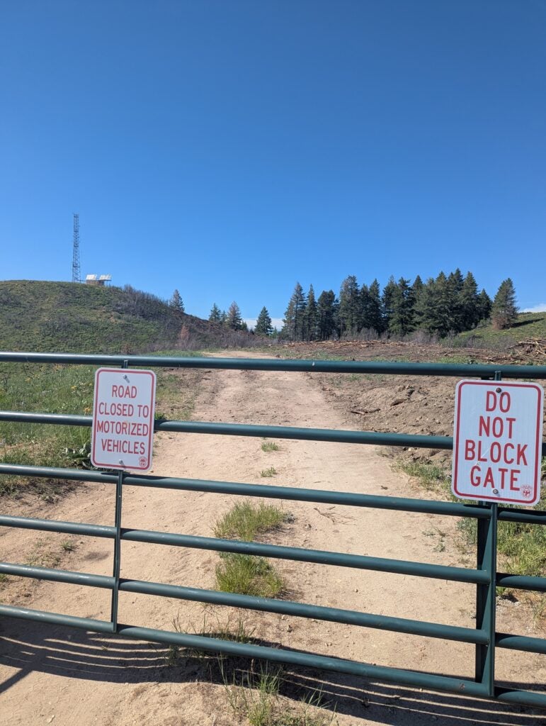 a green metal forest service gate in the foreground. behind is some bulldozed bare earth, a hillside with short green vegetation, and a patch of trees