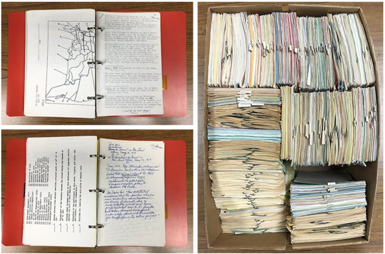 Colorful research binders in the Hugh T. Lovin collection prior to processing.