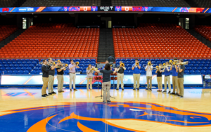 band playing on basketball court