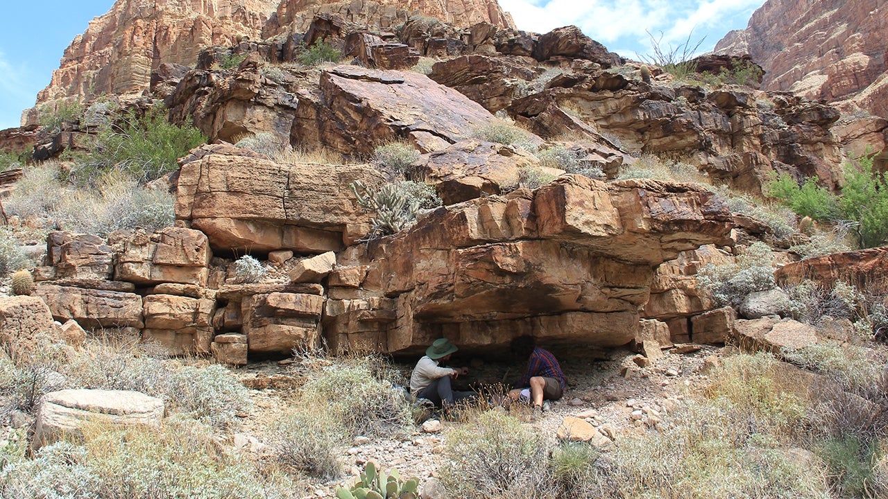 two students work under stone outcropping in Grand Canyon