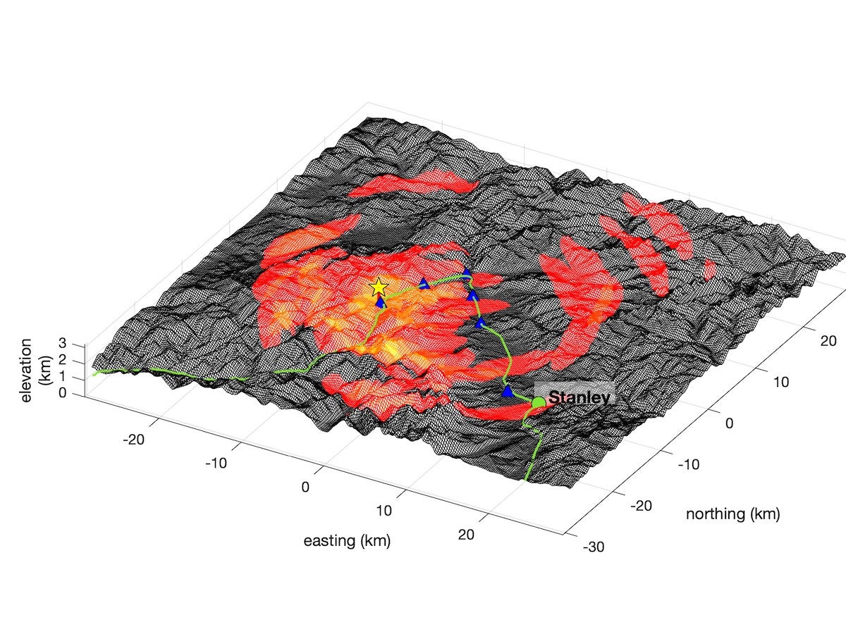 a 3-dimensional map of infrasound data as it is registered on rough terrain near Stanley, Idaho.