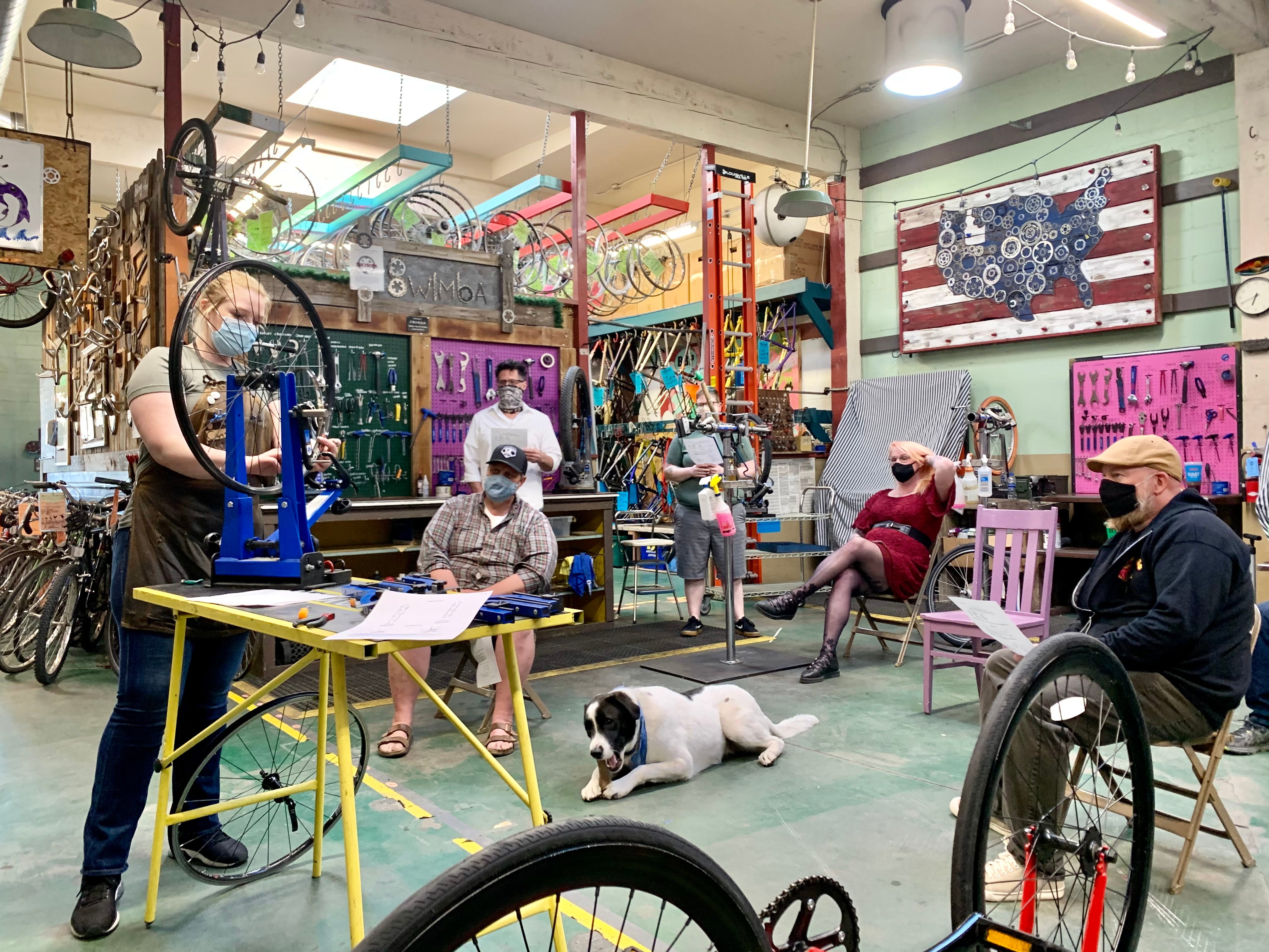 Group attends a workshop at the Boise Bicycle Project