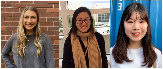 A collage of three pictures arranged side-by-side. Lauren Zuba (left), Sarah McKiddy (center) and Daum Jung (right) each stand alone and smile directly at the camera. 