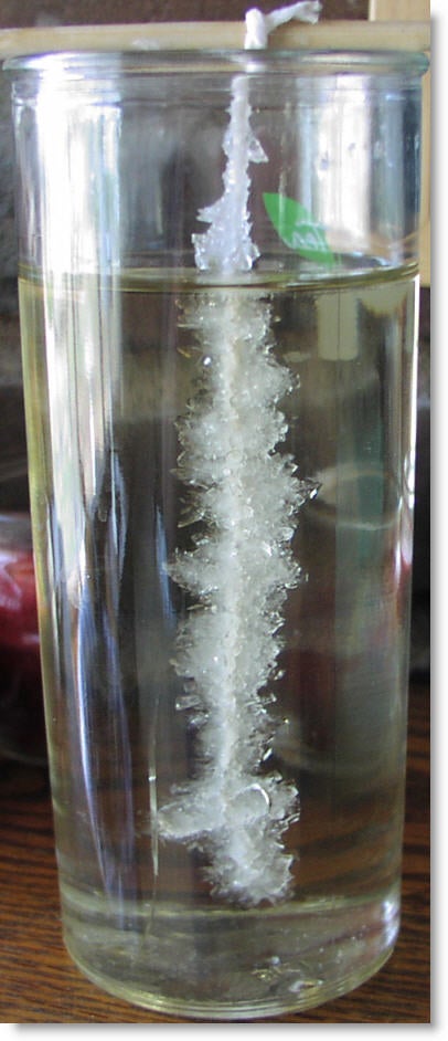 A tall clear glass of liquid with a length of yarn hanging into the liquid. Small white crystals cover the length of yard submerged in the liquid.