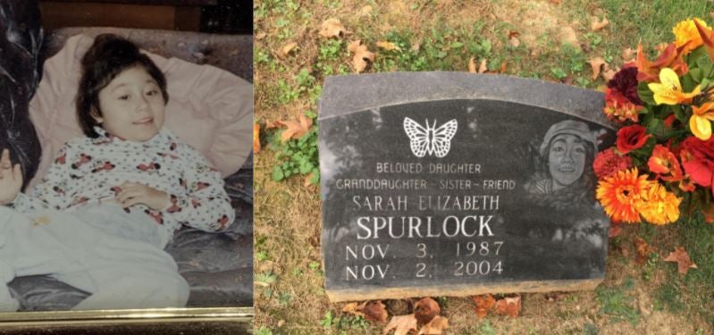 Left: a photo of Sarah Spurlock as a child, laying down in white pajamas and smiling. Her gaze is slightly off-center from the camera. Right: A photo of Sarah's headstone with a bouquet of yellow and orange flowers. 