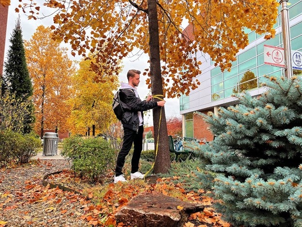 Student wraps measuring tape around girth of tree in autumn