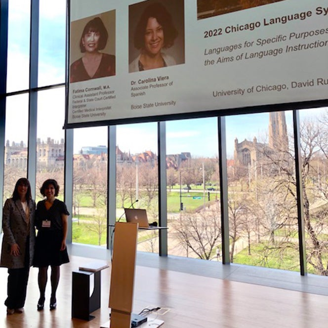 Boise State faculty Carolina Viera and Fátima Cornwall at the 2022 Chicago Language Symposium