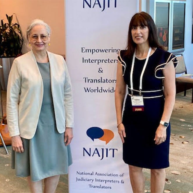 Maria Isabel Rodriguez (left) and Fatima Cornwall (right) at a conference for court interpreters in Florida in June 2022