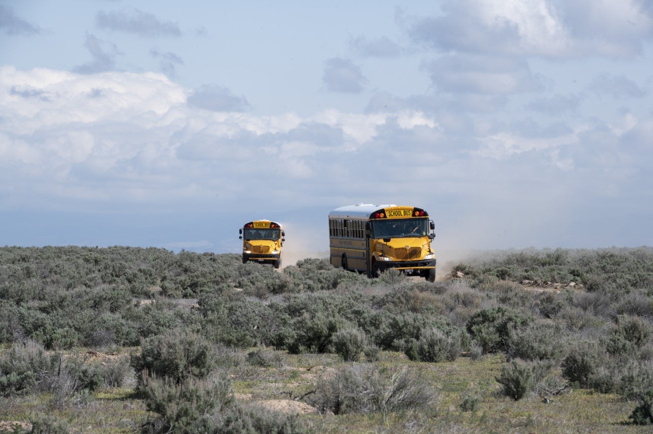 School bus driving through sagebrush field