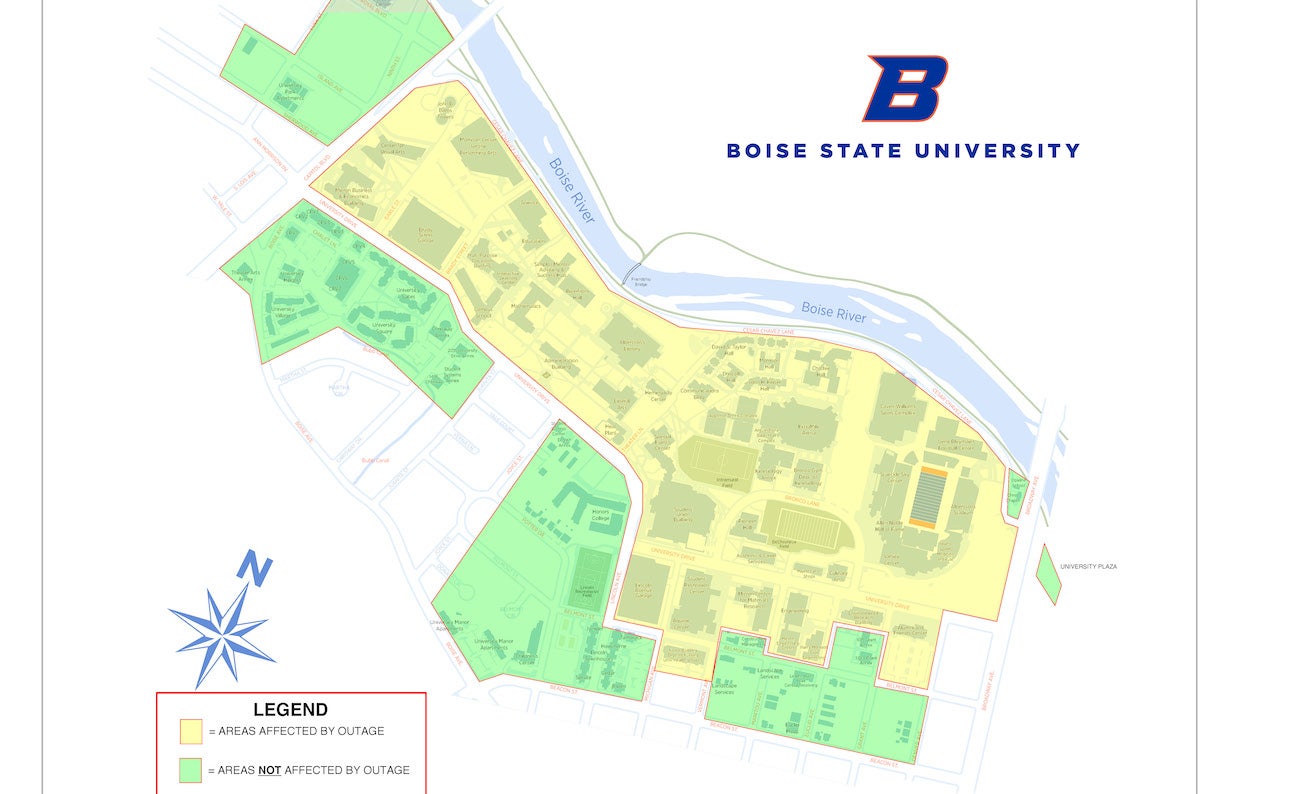 Map of Boise State University colored to show buildings affected by a power outrage