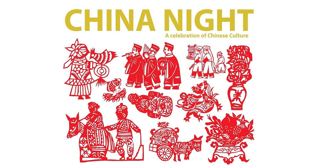 Stylized text reads “China Night: a celebration of Chinese culture” along with illustrations of Chinese musicians, dancers, flowers and characters from stories. 