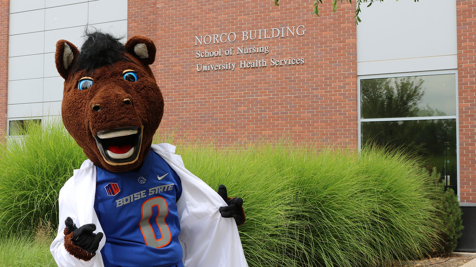 Buster Bronco in front of the Norco Building