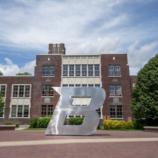 B statue in front of Administration building