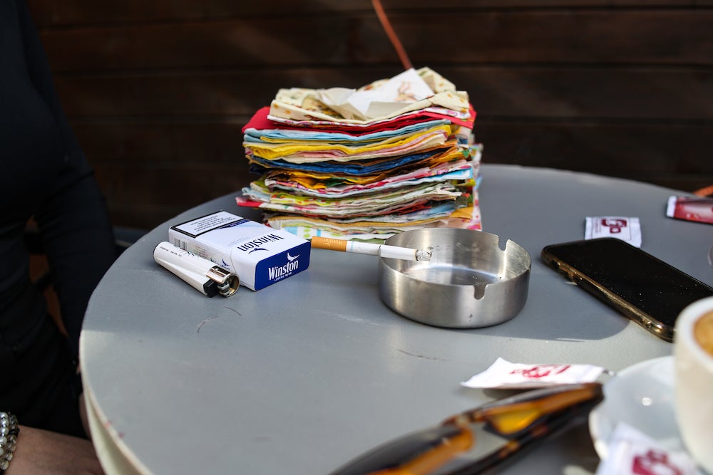 This is a photo from Gallina's exhibition that features a collection of napkins.