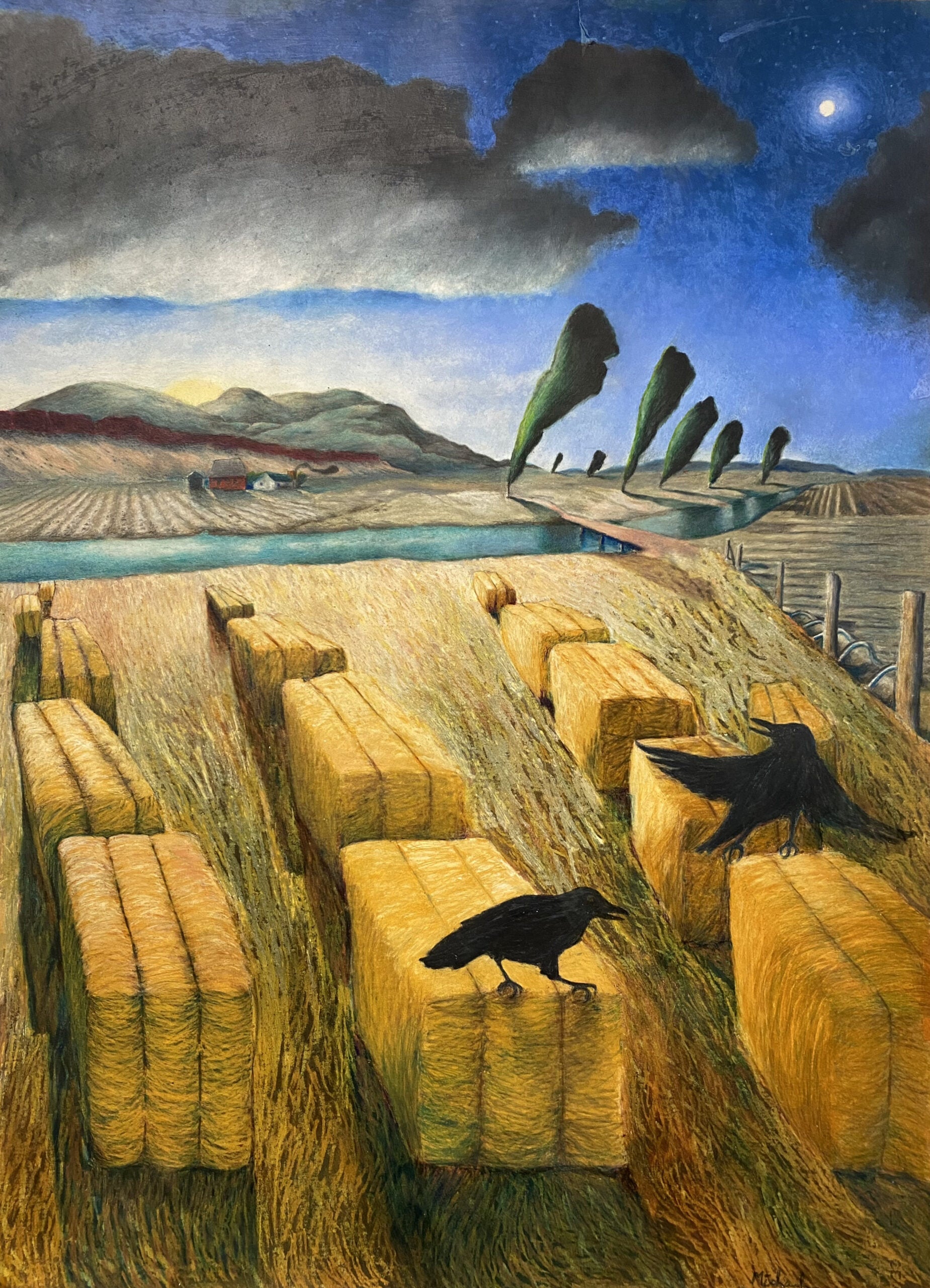 A painting of a field by a river with crows