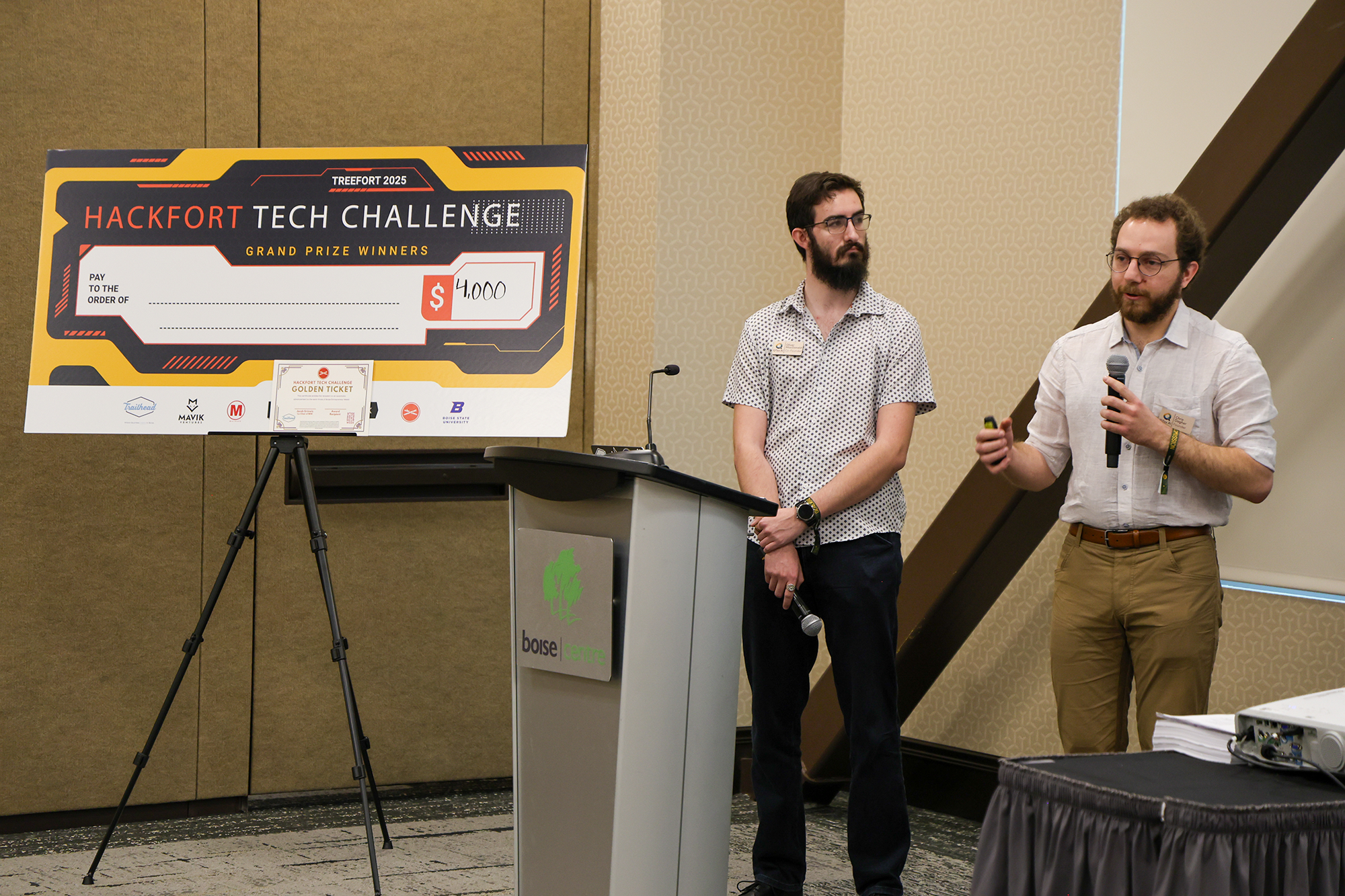 Oliver MacDonald (left) and Chris Dagher (right), co-founders of QTex AI participate in the Hackfort Tech Challenge during Treefort Music Festival in Boise, Idaho. Photo by Jamie Fink