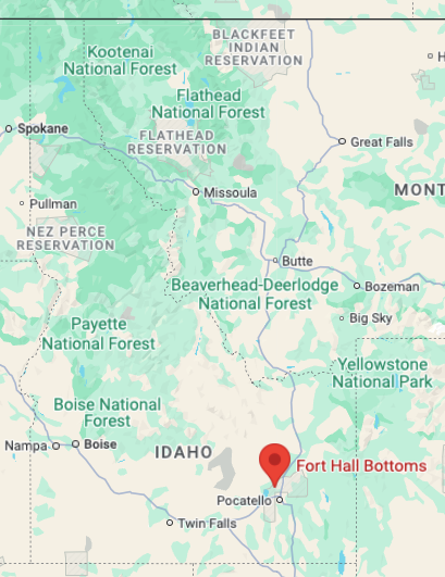 A map with a red pin on the Fort Hall Bottoms near Pocatello, Idaho.