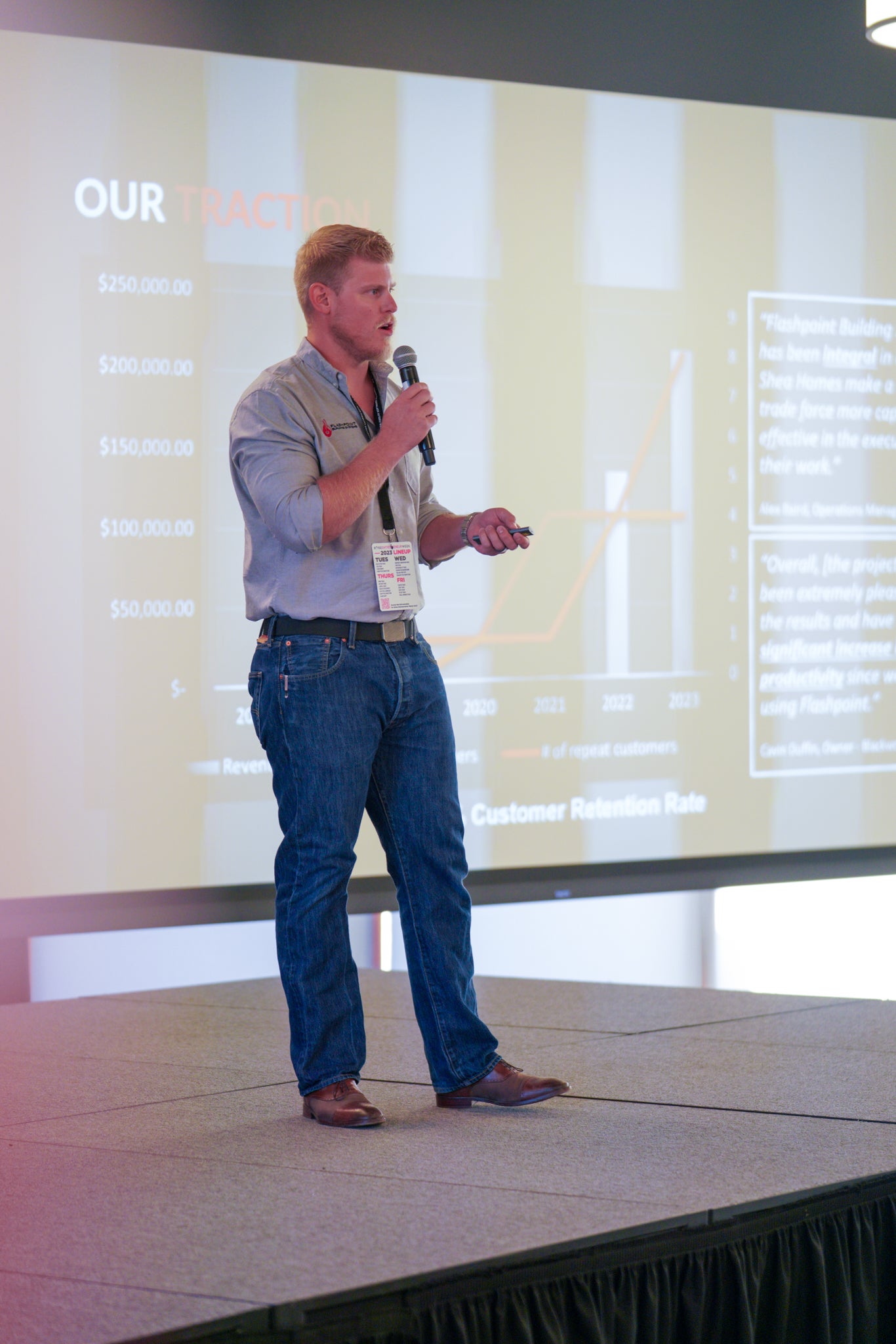 Nick Stoppello stands in front of a slide that reads "Customer Retention Rate."