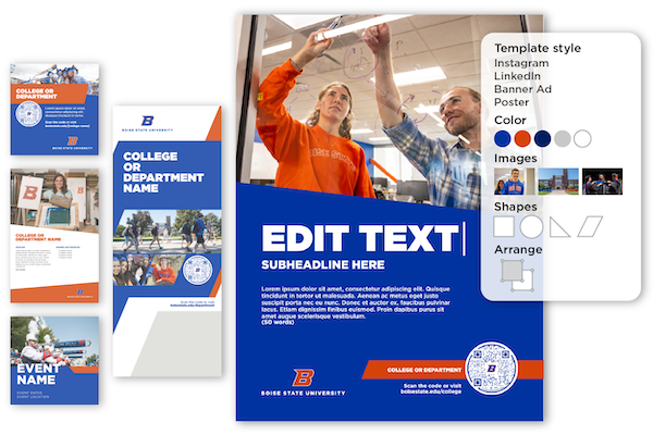 A composite image of design templates with placeholder text and editing tools visible.