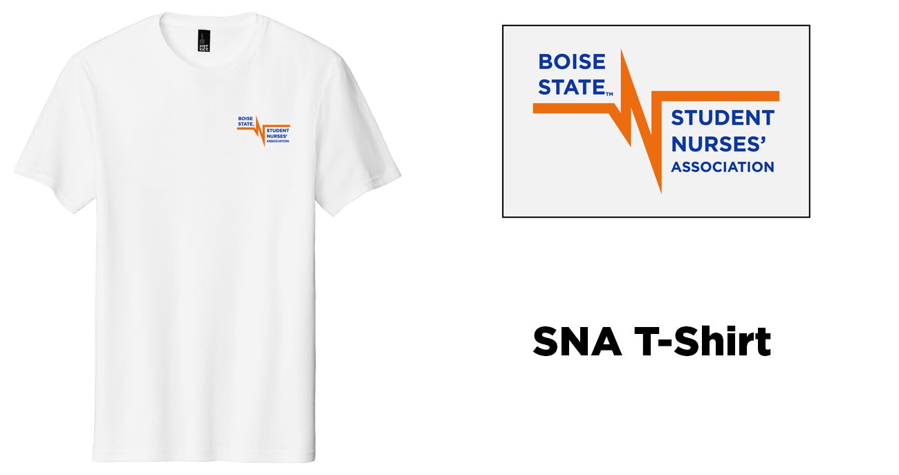 White T-shirt with blue and orange Boise State Student Nurses' Association logo on left chest