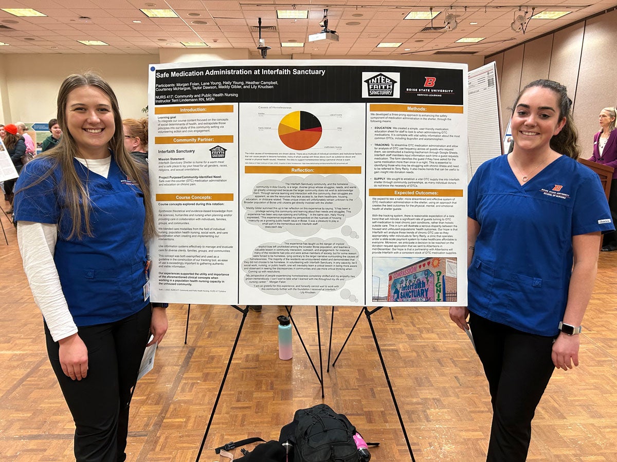 Two nursing students in blue scrubs stand on either side of an academic poster about safe medication administration.