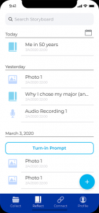Storyboard App screenshot of homescreen with prompt responses, uploaded media, and prompts to complete