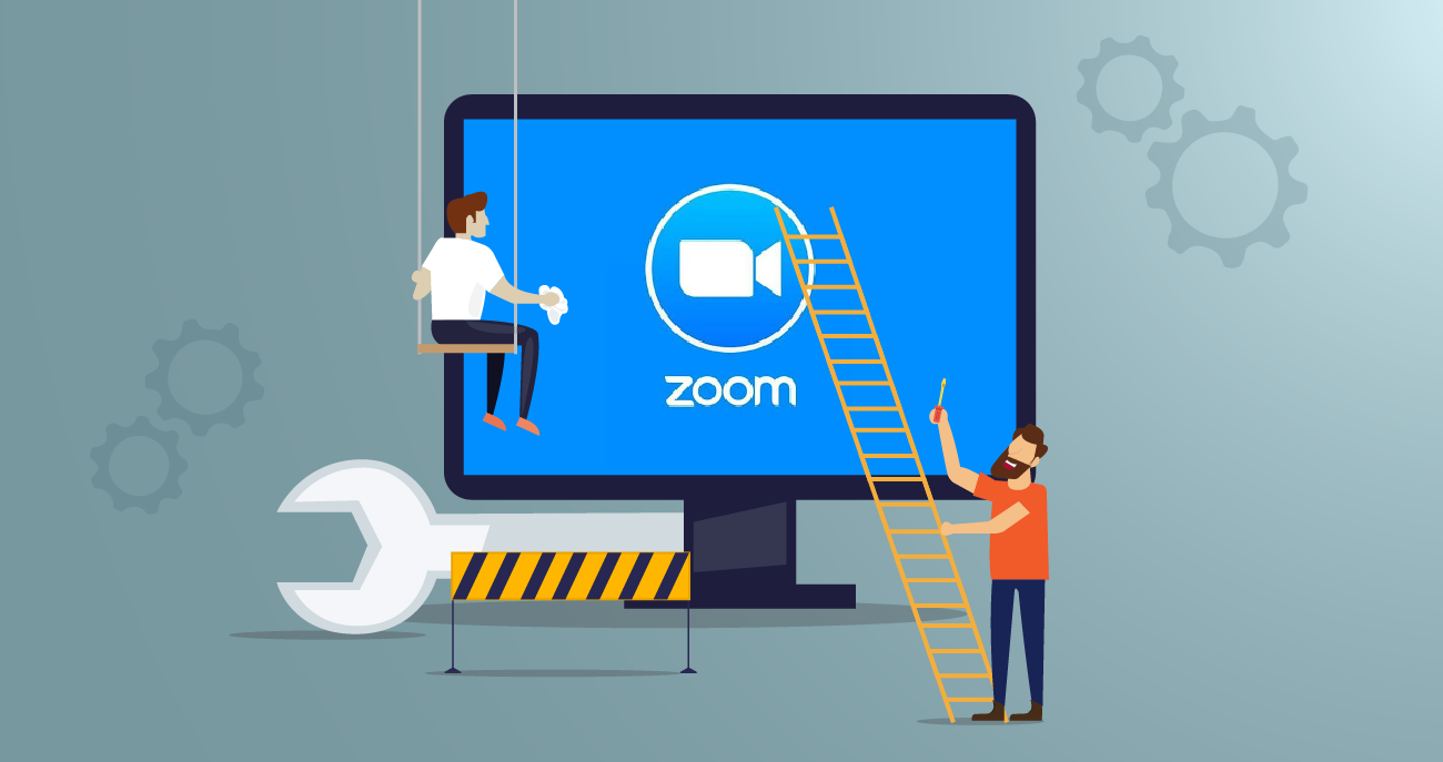 Zoom logo with a wrench and person on ladder performing upgrades