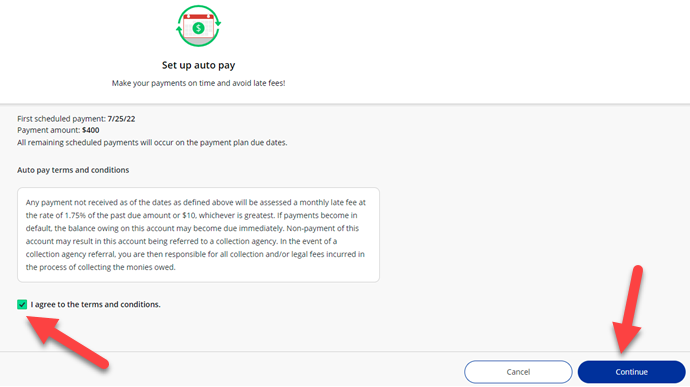auto pay terms selection in myboisestate