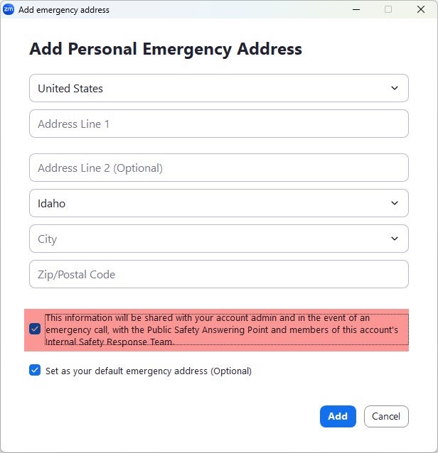 Screenshot on adding personal emergency address on Zoom Phone.