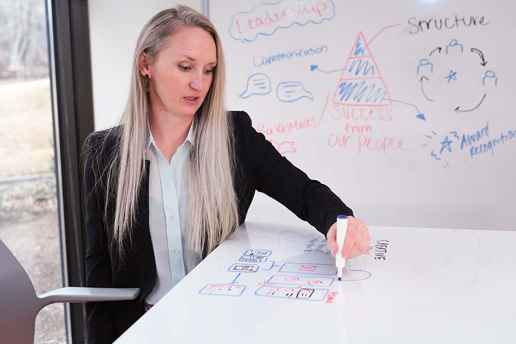 Jessi Boyer sits at a white board table and marks user experience data.