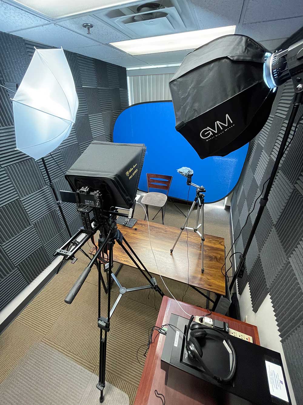 production studio bright blue background