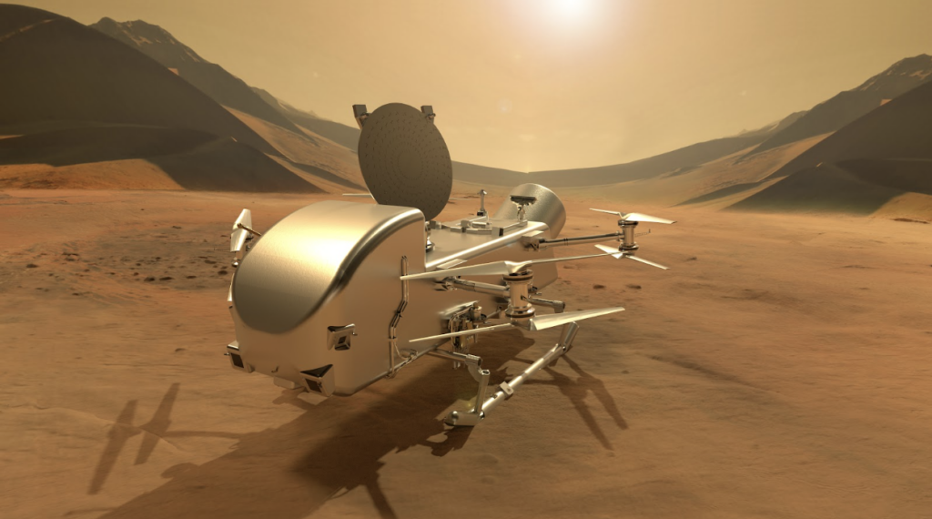 Rotorcraft lander on rocky extraterrestrial terrain with hills and a bright light source in the background.