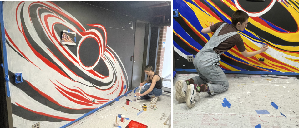 Robin Matson painting mural at different stages