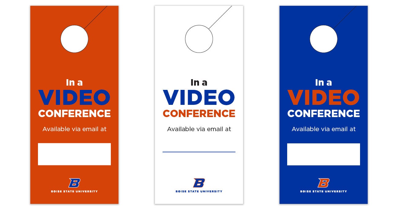 Image shows the 3 door hanger options, blue, orange and white.