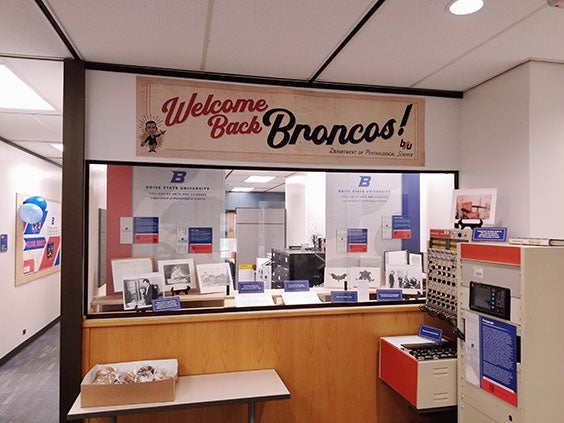 Psychological science department front office with a "Welcome Back Broncos!" sign