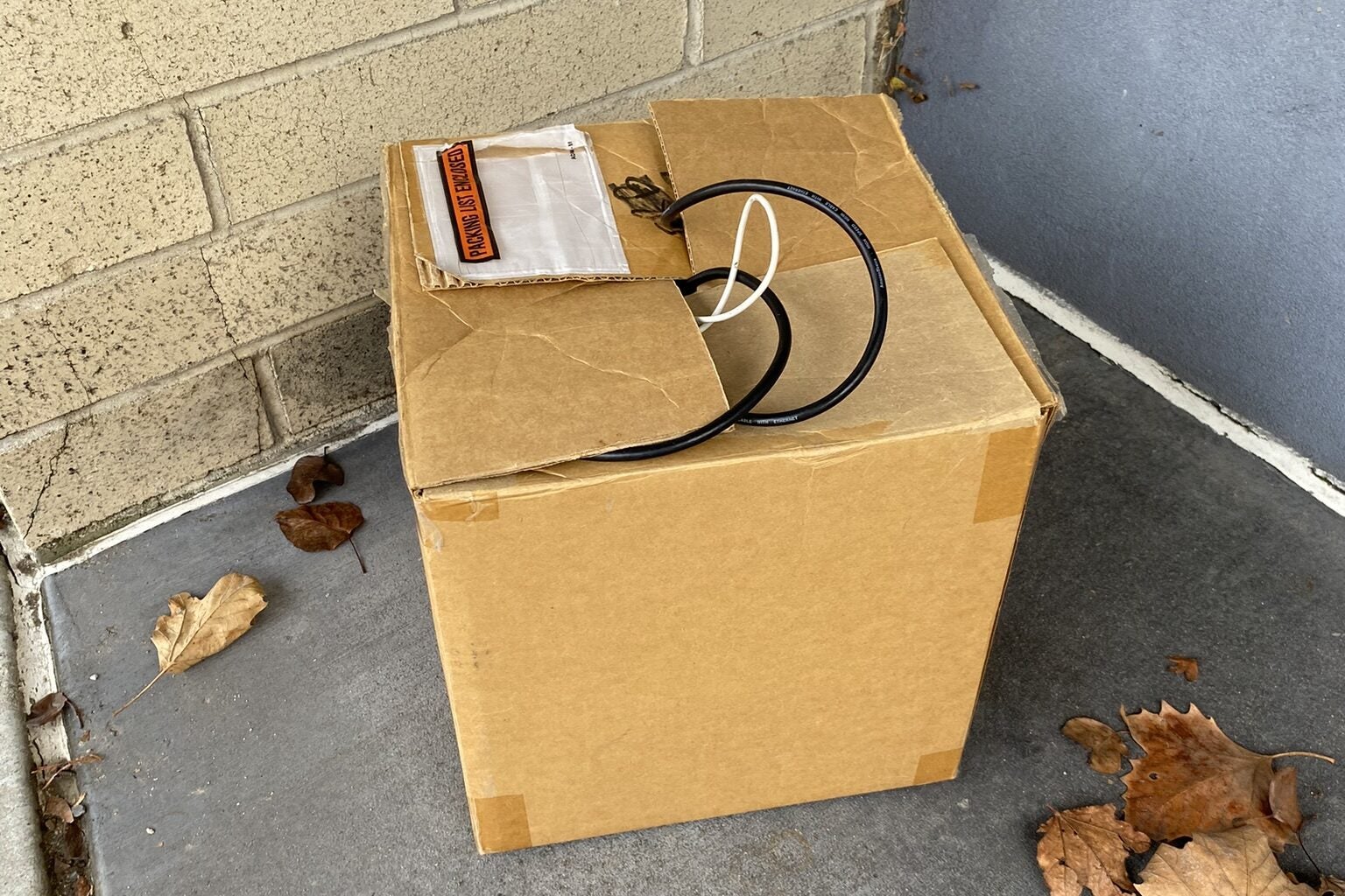 A cardboard box with odd cables protruding from the top. 
