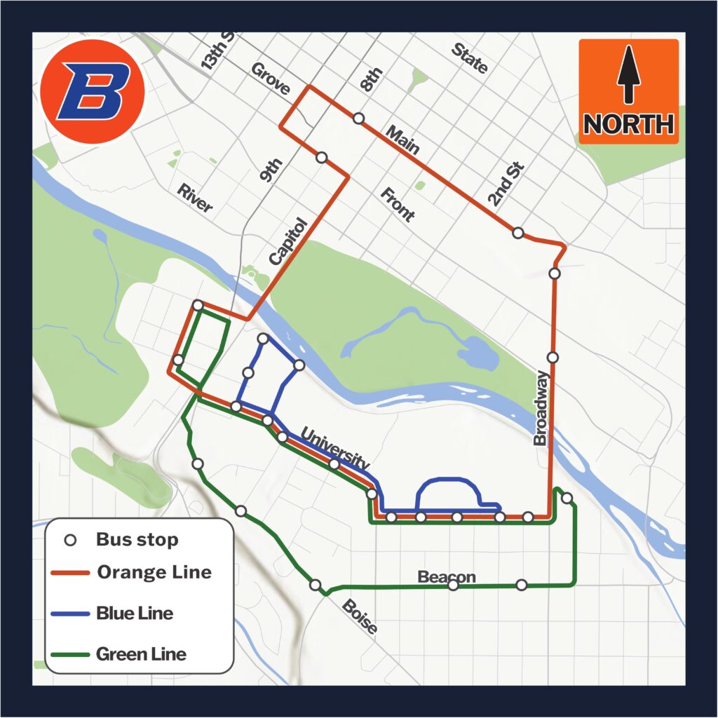 Map of Boise State Bronco Shuttle routes with orange, blue, and green lines and bus stop locations.
