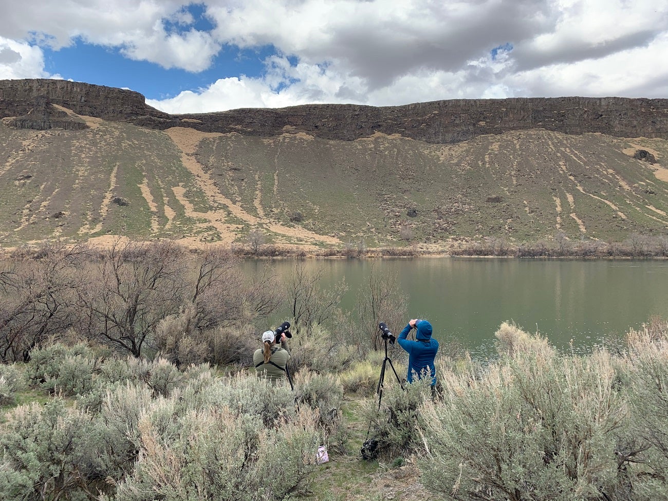 Biologists Christina Hartmann and Chris Roberts monitoring Prairie Falcon territory with spotting scopes and binoculars by the Snake River, NCA