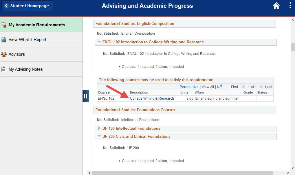 Example of clicking the course description link