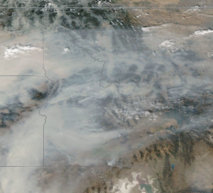 Satellite image of thick smoke in cover across Idaho