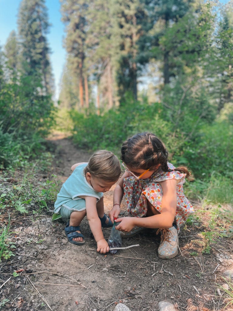 Discovery at its finest. Oli and Josie looking at found sticks and forest treasures along a forest path.